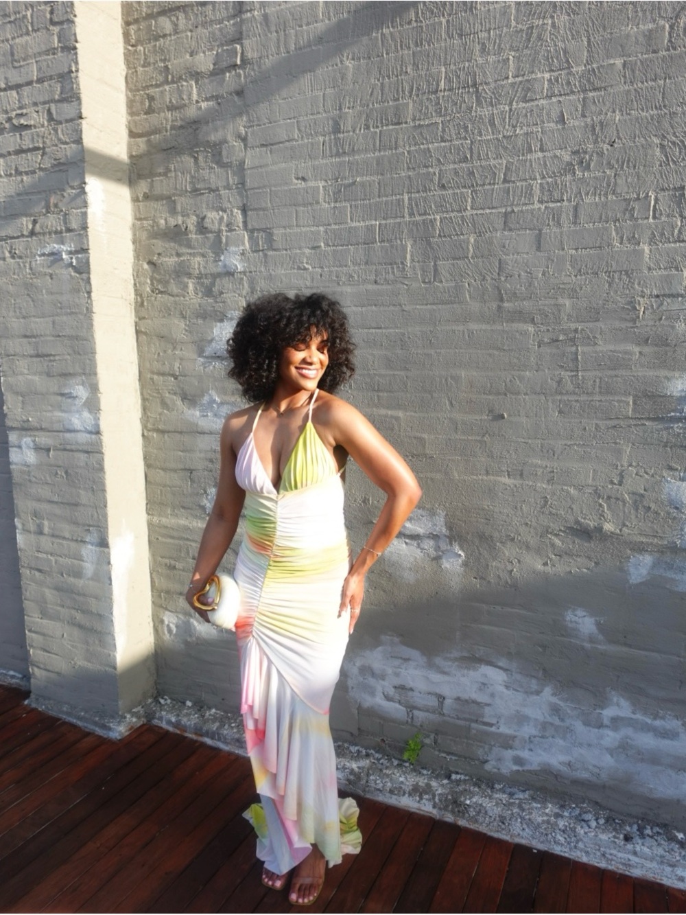 Michael Costello Pastel Tie-Dye Halter Ruched Maxi Dress